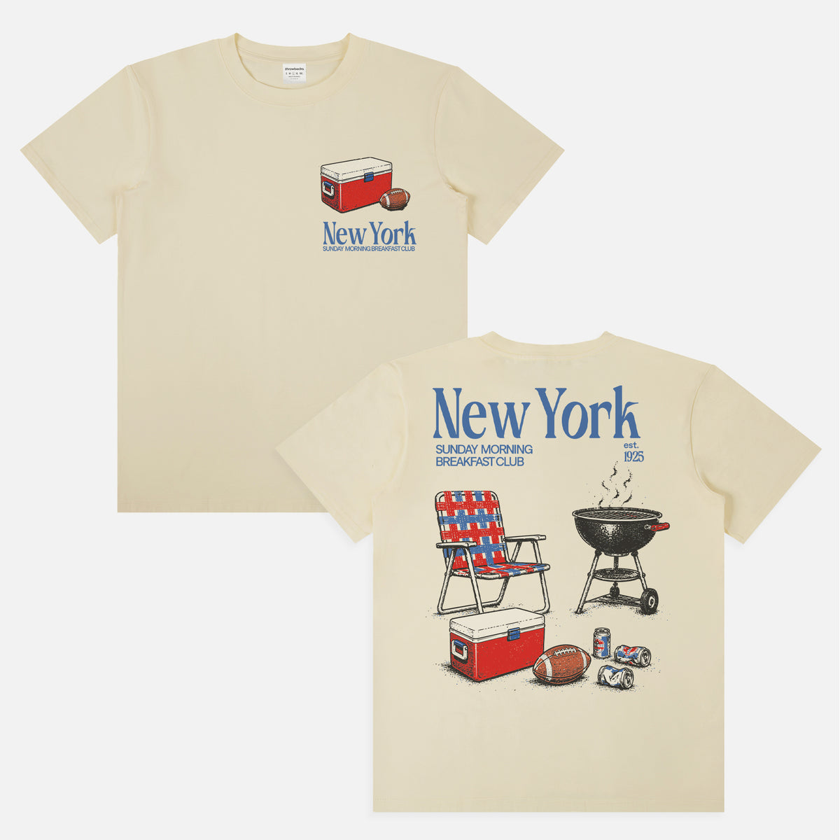 Funny vintage  New York Giants NFL football tailgate t-shirt with front and back retro beer and bbq pit and NYG colors 