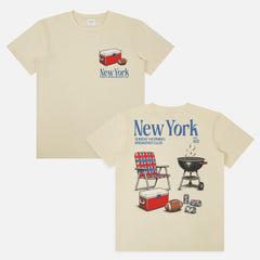 Funny vintage  New York Giants NFL football tailgate t-shirt with front and back retro beer and bbq pit and NYG colors 