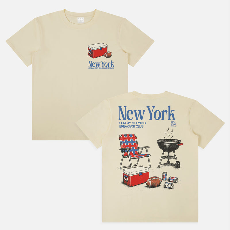 Funny vintage  New York Giants NFL football tailgate t-shirt with front and back retro beer and bbq pit and NYG colors 