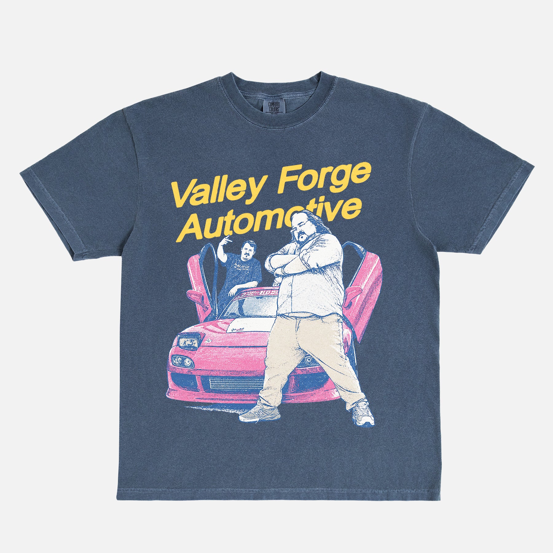 Shane Gillis Tires TV show shirt with shane and stavros with streetwear graphic and valley forge automotive center logo