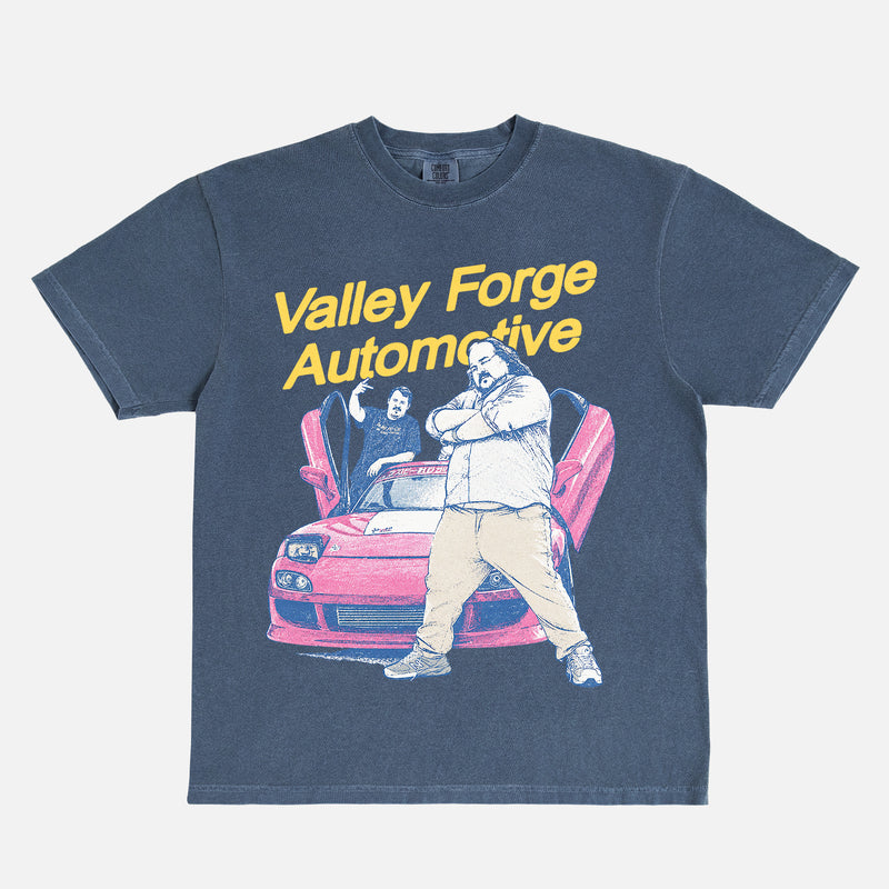Shane Gillis Tires TV show shirt with shane and stavros with streetwear graphic and valley forge automotive center logo