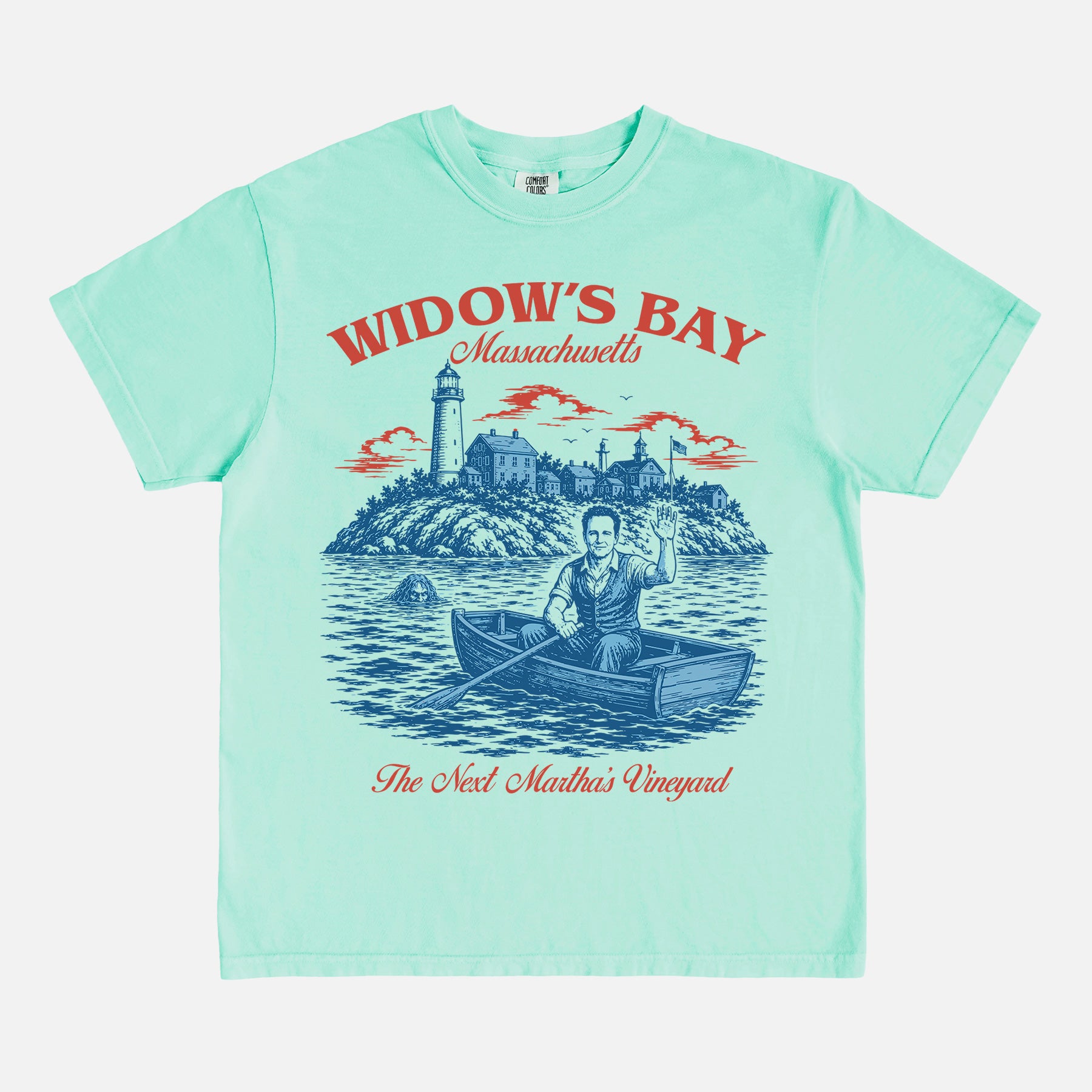 Funny Widow's Bay TV Show t-shirt with retro travel poster and sea hag on a green Comfort Colors graphic tee