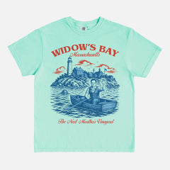 Funny Widow's Bay TV Show t-shirt with retro travel poster and sea hag on a green Comfort Colors graphic tee