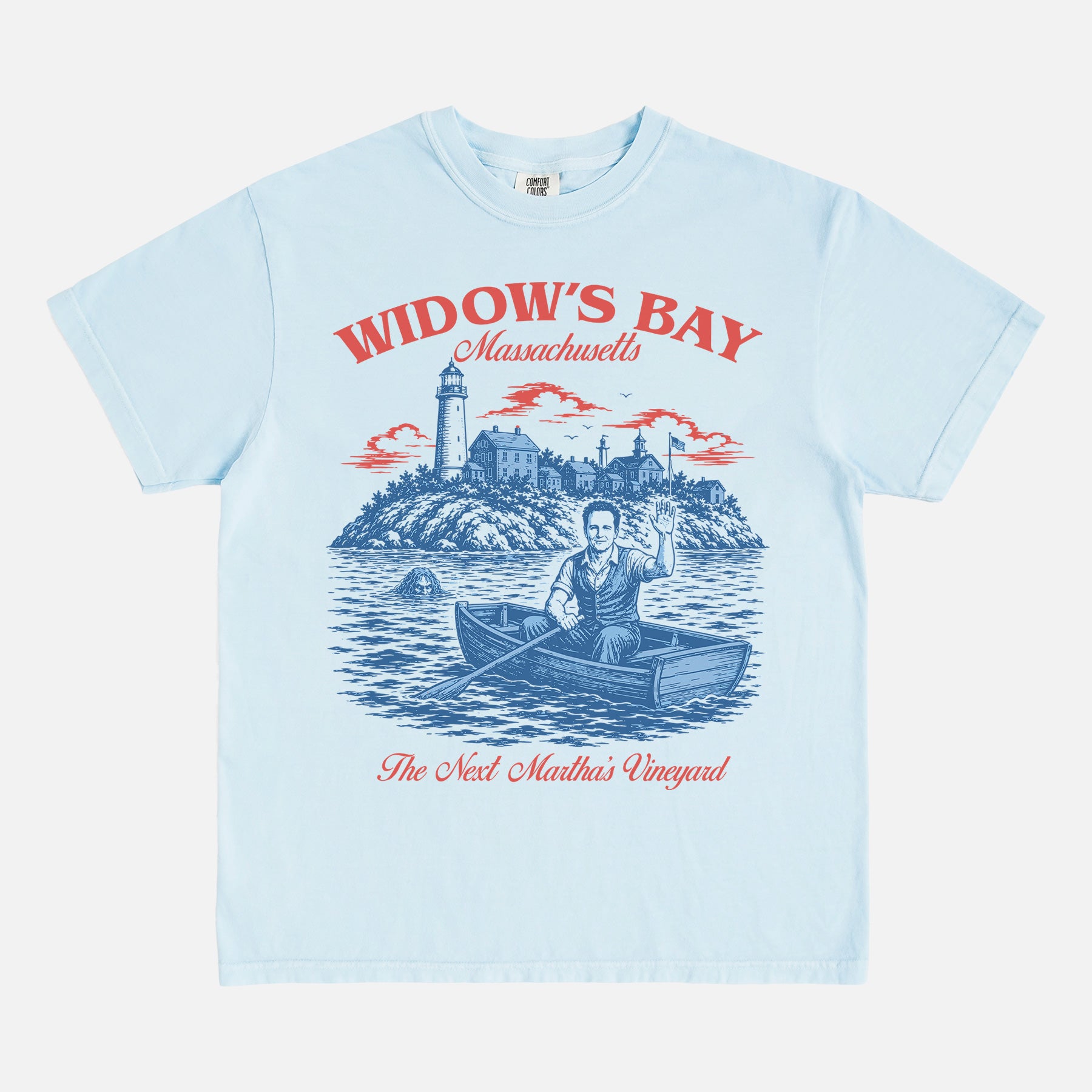 Funny Widow's Bay TV Show t-shirt with retro travel poster and sea hag on a light blue Comfort Colors graphic tee
