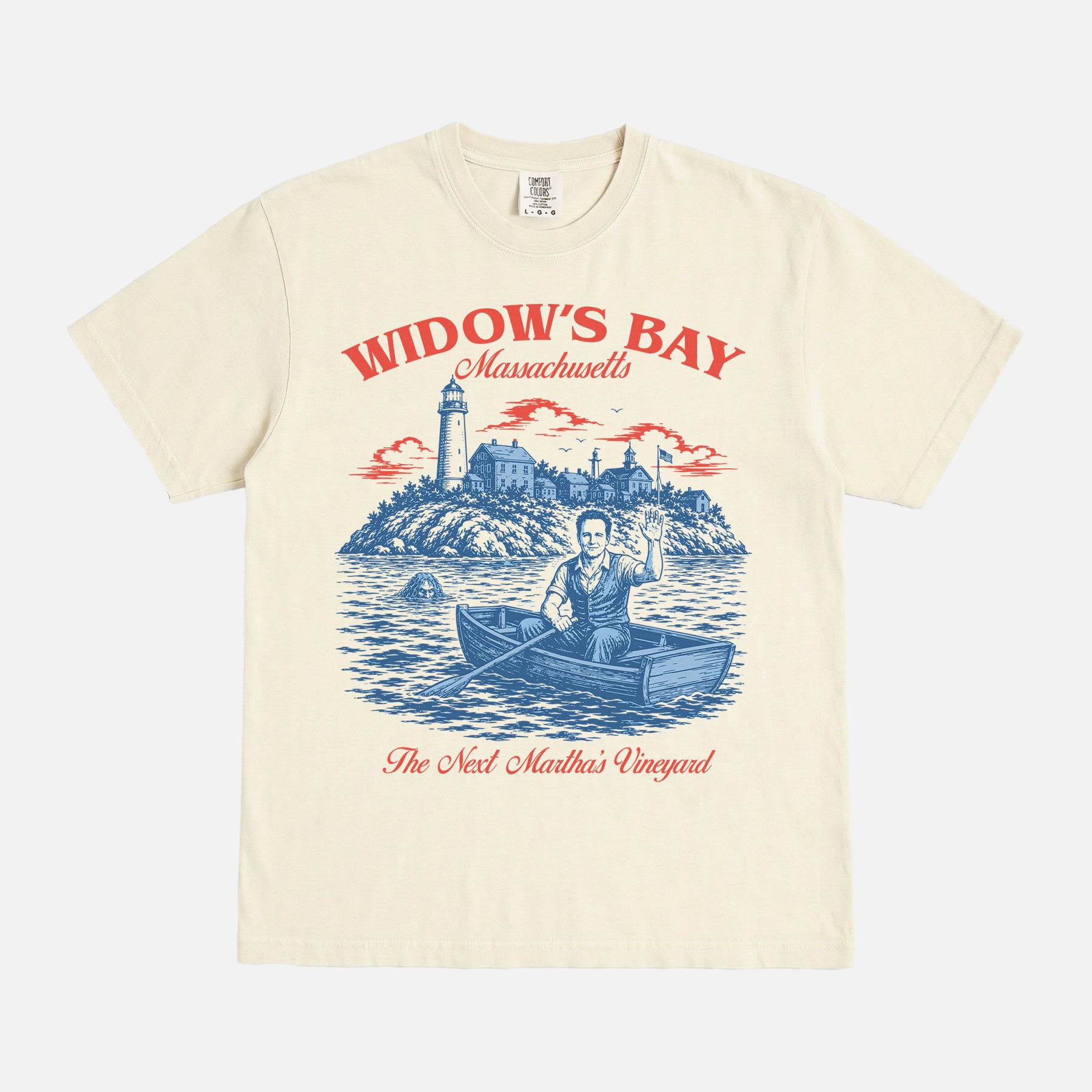 Funny Widow's Bay TV Show t-shirt with retro travel poster and sea hag on a white Comfort Colors graphic tee
