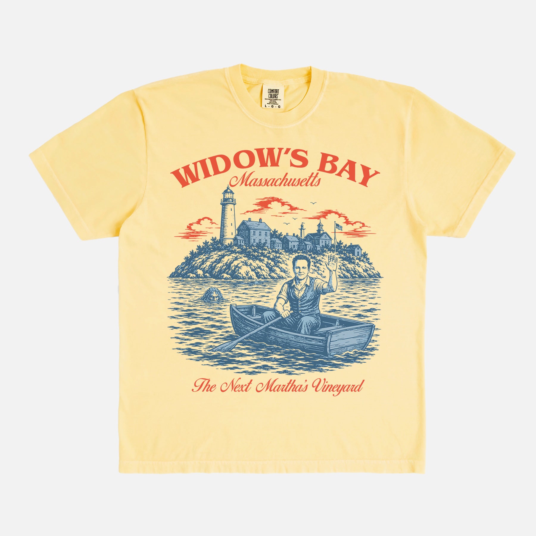 Funny Widow's Bay TV Show t-shirt with retro travel poster and sea hag on a washed yellow Comfort Colors graphic tee
