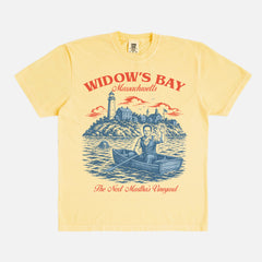 Funny Widow's Bay TV Show t-shirt with retro travel poster and sea hag on a washed yellow Comfort Colors graphic tee