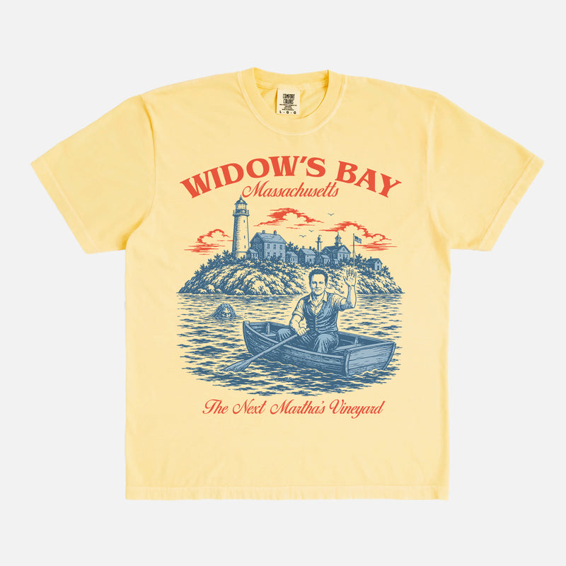 Funny Widow's Bay TV Show t-shirt with retro travel poster and sea hag on a washed yellow Comfort Colors graphic tee