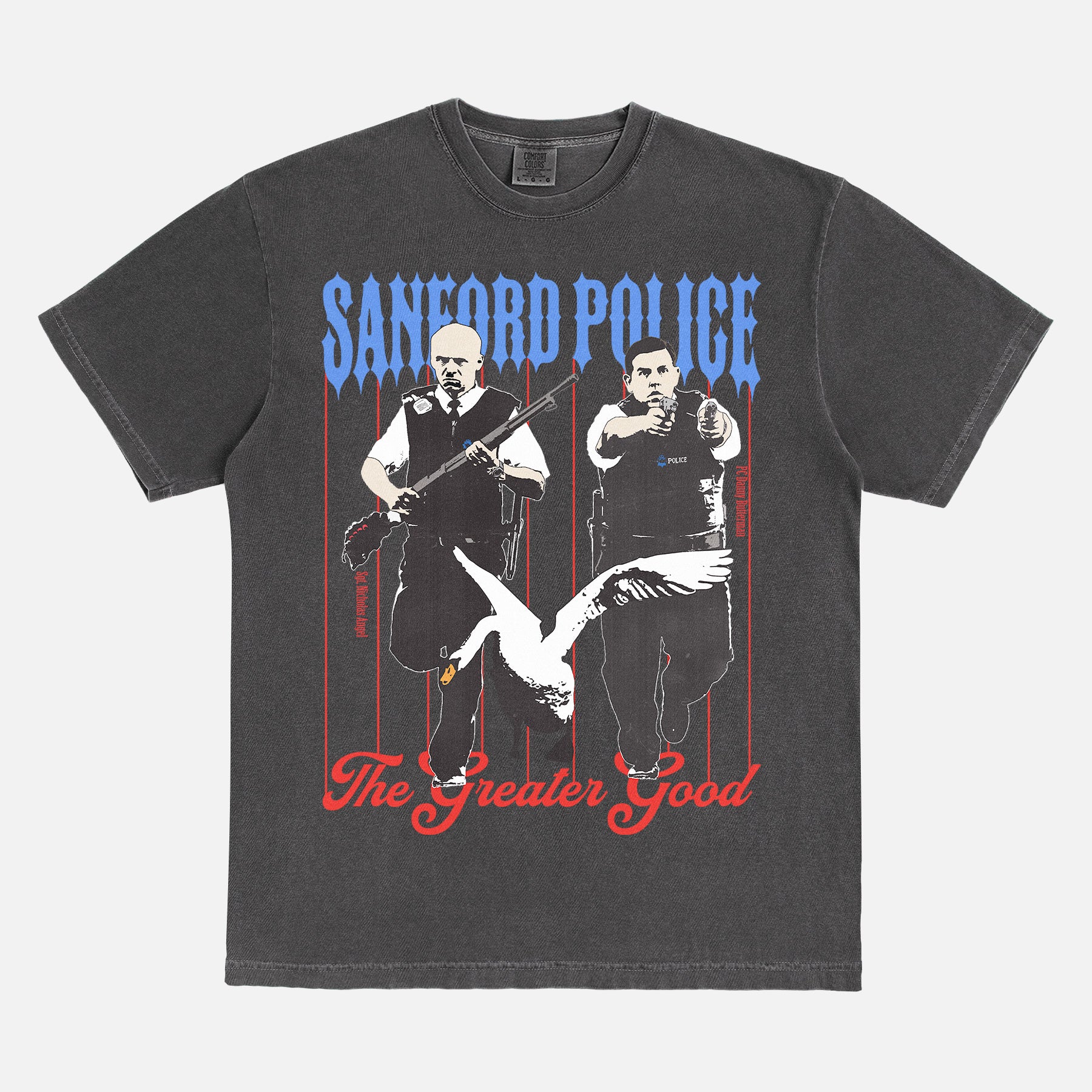Funny Hot Fuzz movie t-shirt with Sanford Police Department and Swan on a washed black comfort colors graphic tee for sale at throwbacks