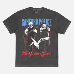 Funny Hot Fuzz movie t-shirt with Sanford Police Department and Swan on a washed black comfort colors graphic tee for sale at throwbacks
