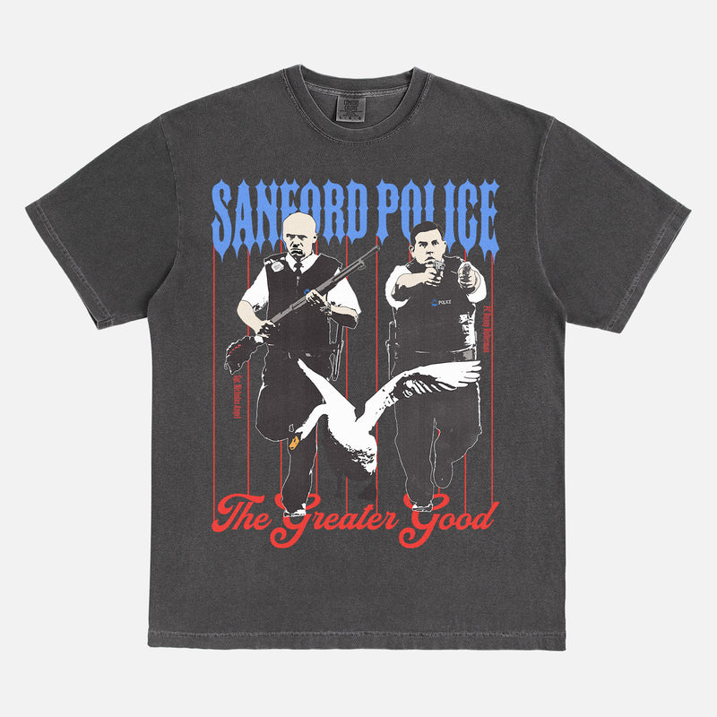 Funny Hot Fuzz movie t-shirt with Sanford Police Department and Swan on a washed black comfort colors graphic tee for sale at throwbacks