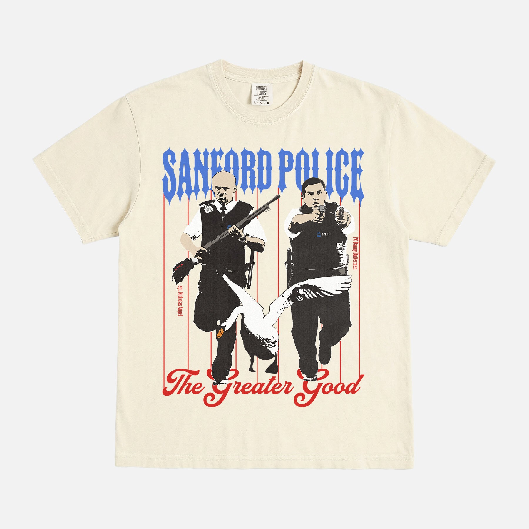 Funny Hot Fuzz movie t-shirt with Sanford Police Department and Swan on a washed cream comfort colors graphic tee for sale at throwbacks
