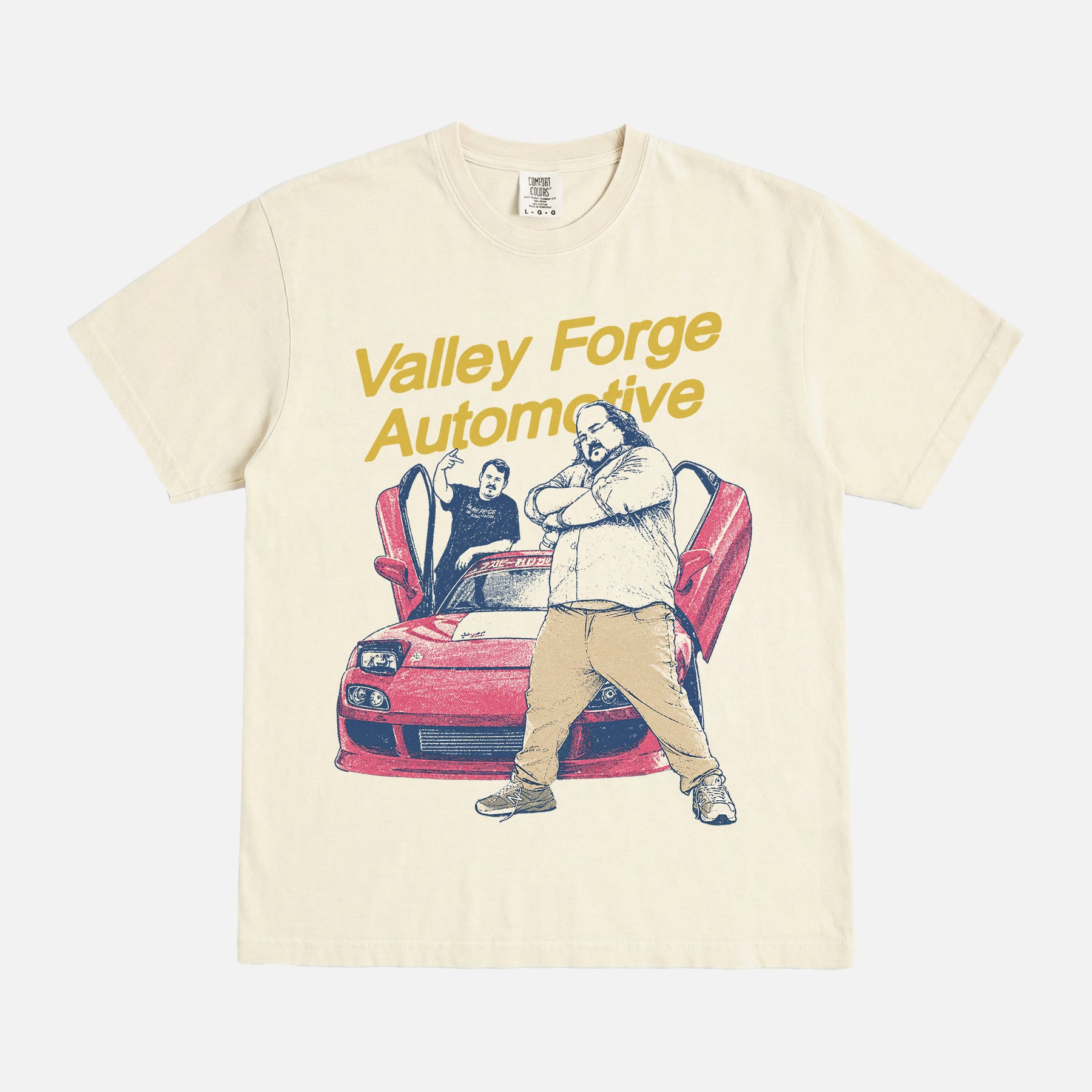 Shane Gillis Tires TV show shirt with shane and stavros with streetwear graphic and valley forge automotive center logo