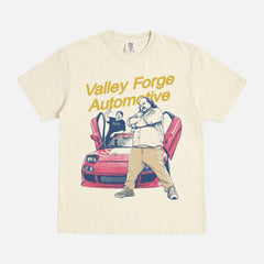 Shane Gillis Tires TV show shirt with shane and stavros with streetwear graphic and valley forge automotive center logo