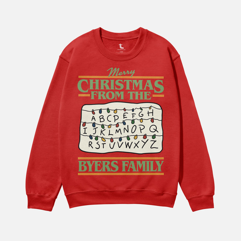 funny stranger things christmas sweatshirt, red and green Byers Family christmas lights ugly xmas sweater for sale
