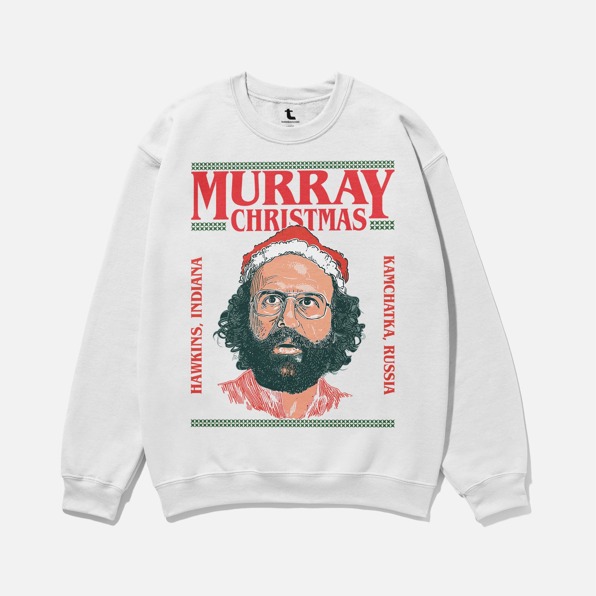 funny retro white red and green stranger things christmas sweater, Murray Christmas retro stranger things TV show ugly christmas sweater for fans of Hawkins Indiana and the upside down