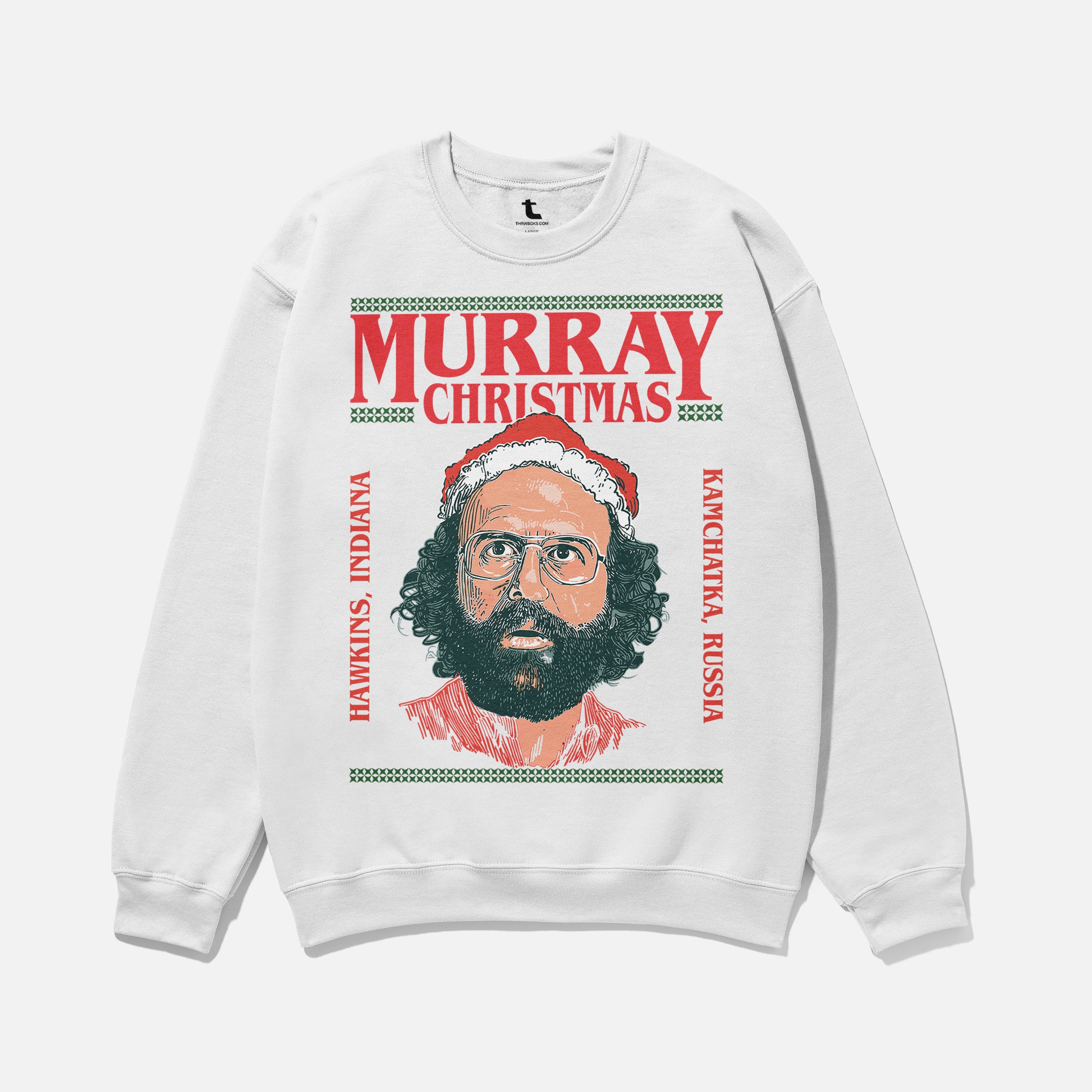 funny retro white red and green stranger things christmas sweater, Murray Christmas retro stranger things TV show ugly christmas sweater for fans of Hawkins Indiana and the upside down