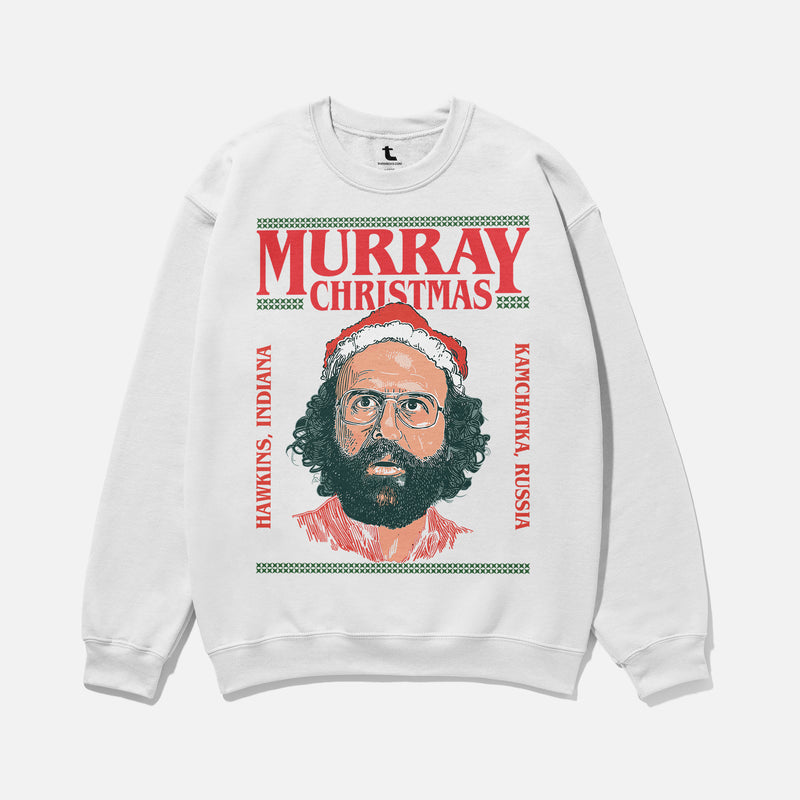 funny retro white red and green stranger things christmas sweater, Murray Christmas retro stranger things TV show ugly christmas sweater for fans of Hawkins Indiana and the upside down