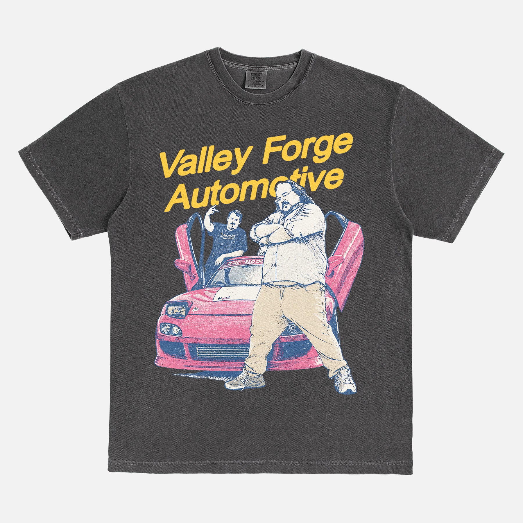 Shane Gillis Tires TV show shirt with shane and stavros with streetwear graphic and valley forge automotive center logo