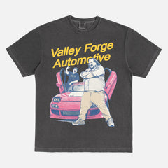 Shane Gillis Tires TV show shirt with shane and stavros with streetwear graphic and valley forge automotive center logo