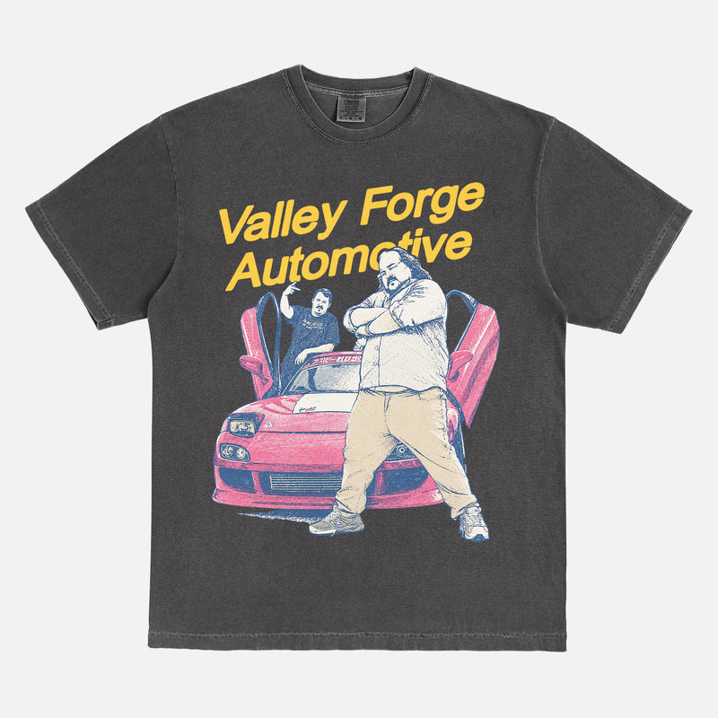 Shane Gillis Tires TV show shirt with shane and stavros with streetwear graphic and valley forge automotive center logo