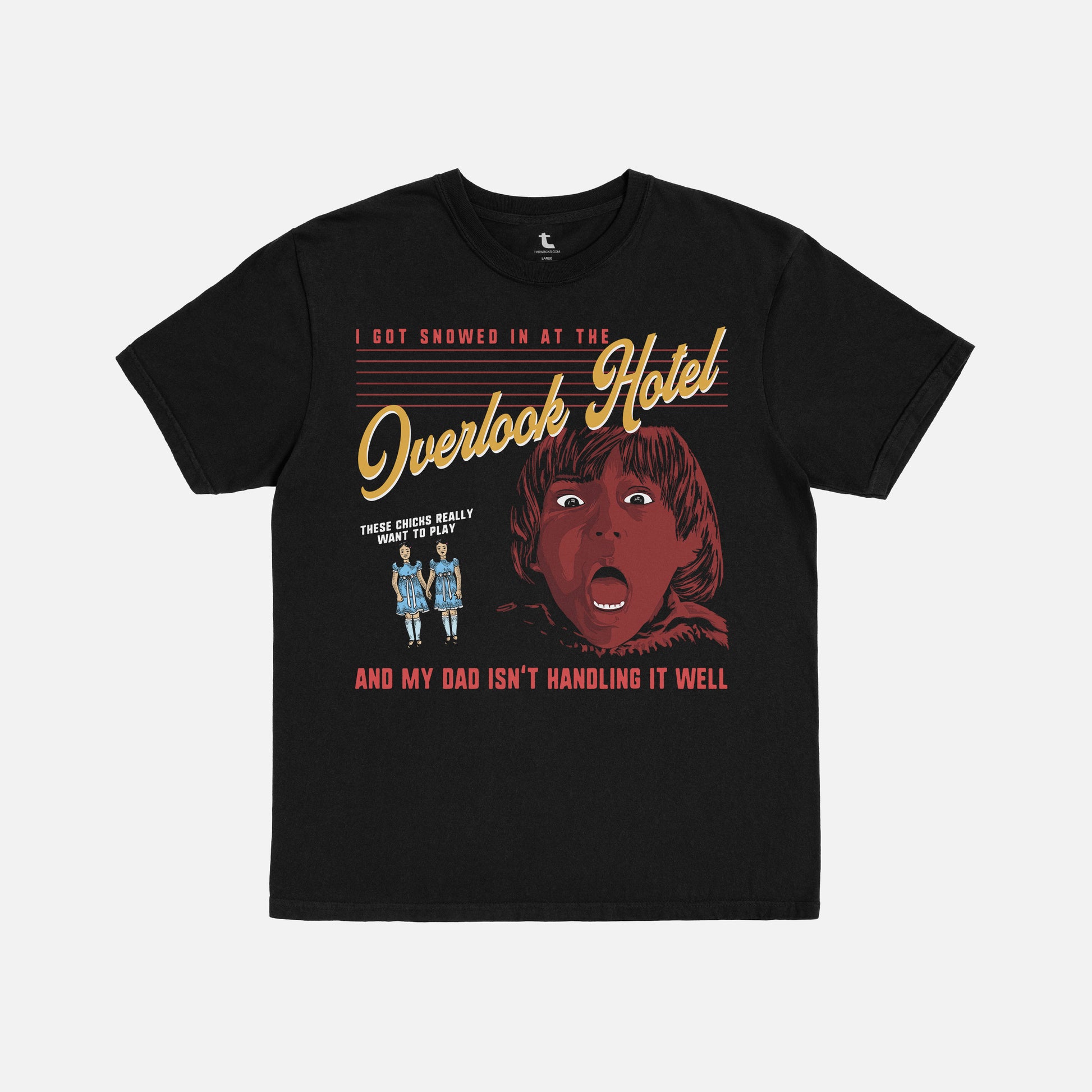 Black The Shining movie t-shirt with 'Overlook Hotel' graphic and text on a white background