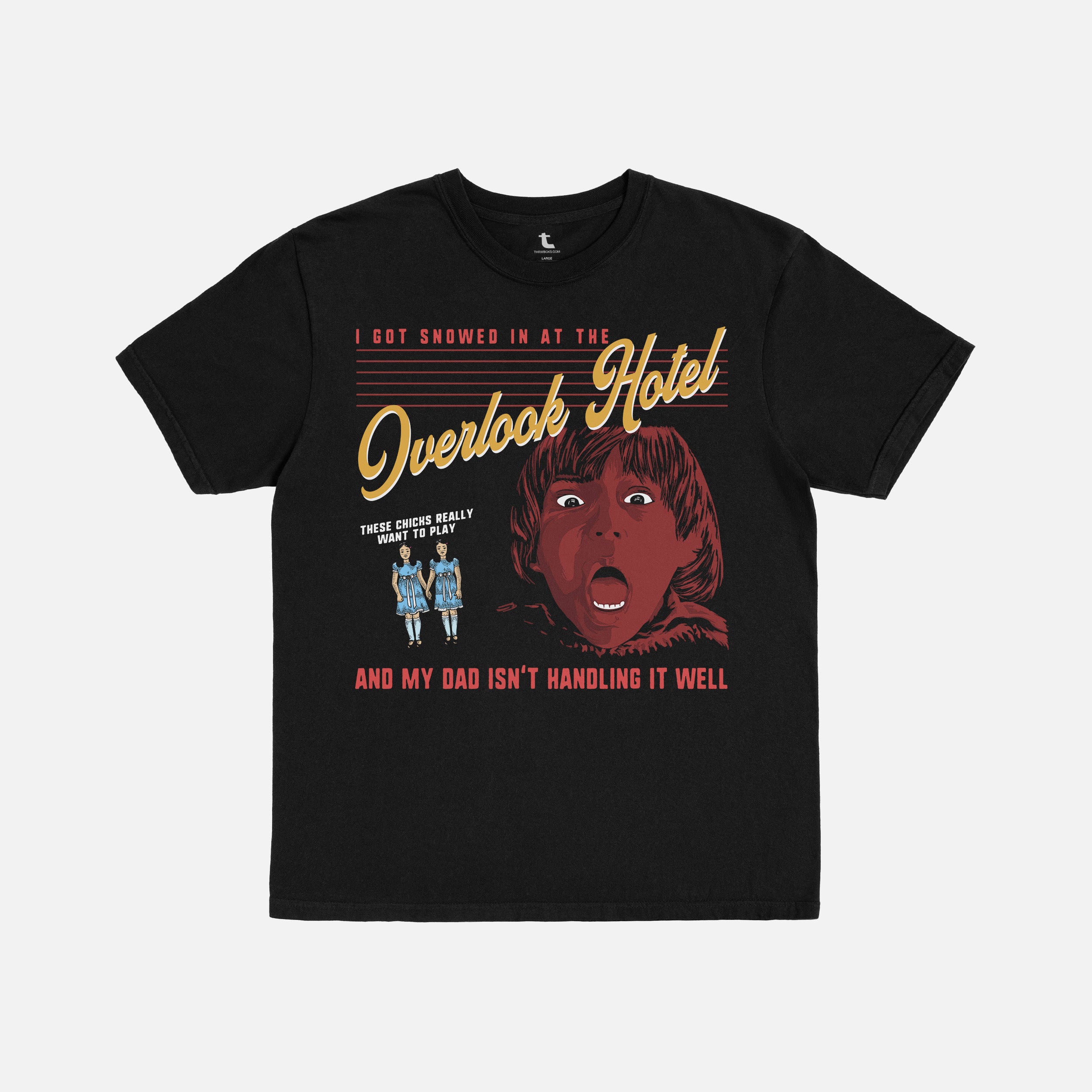 Black The Shining movie t-shirt with 'Overlook Hotel' graphic and text on a white background