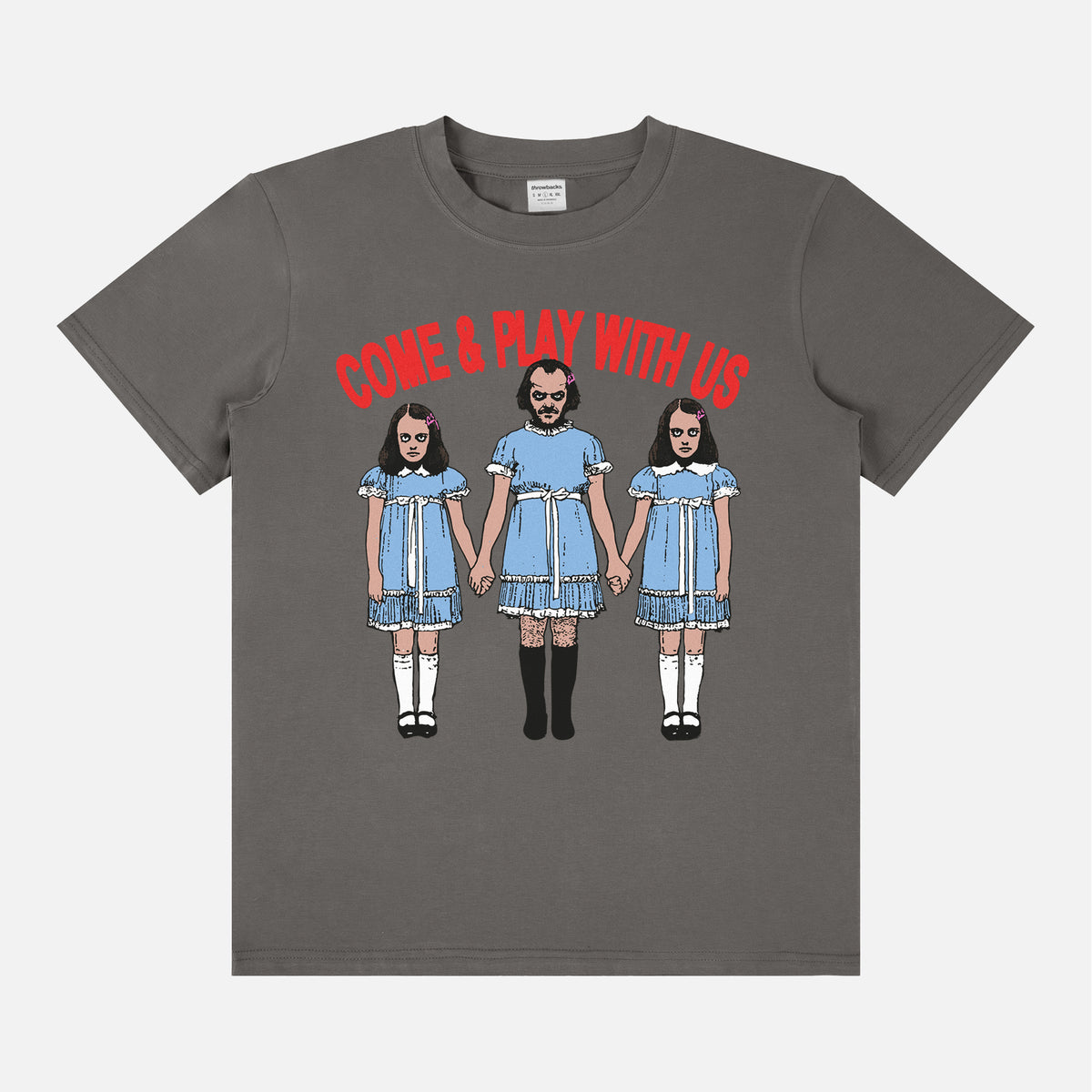 Funny The Shining movie t-shirt with Jack Torrance and the Grady twins on a unisex grey graphic tee