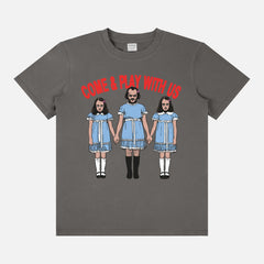 Funny The Shining movie t-shirt with Jack Torrance and the Grady twins on a unisex grey graphic tee