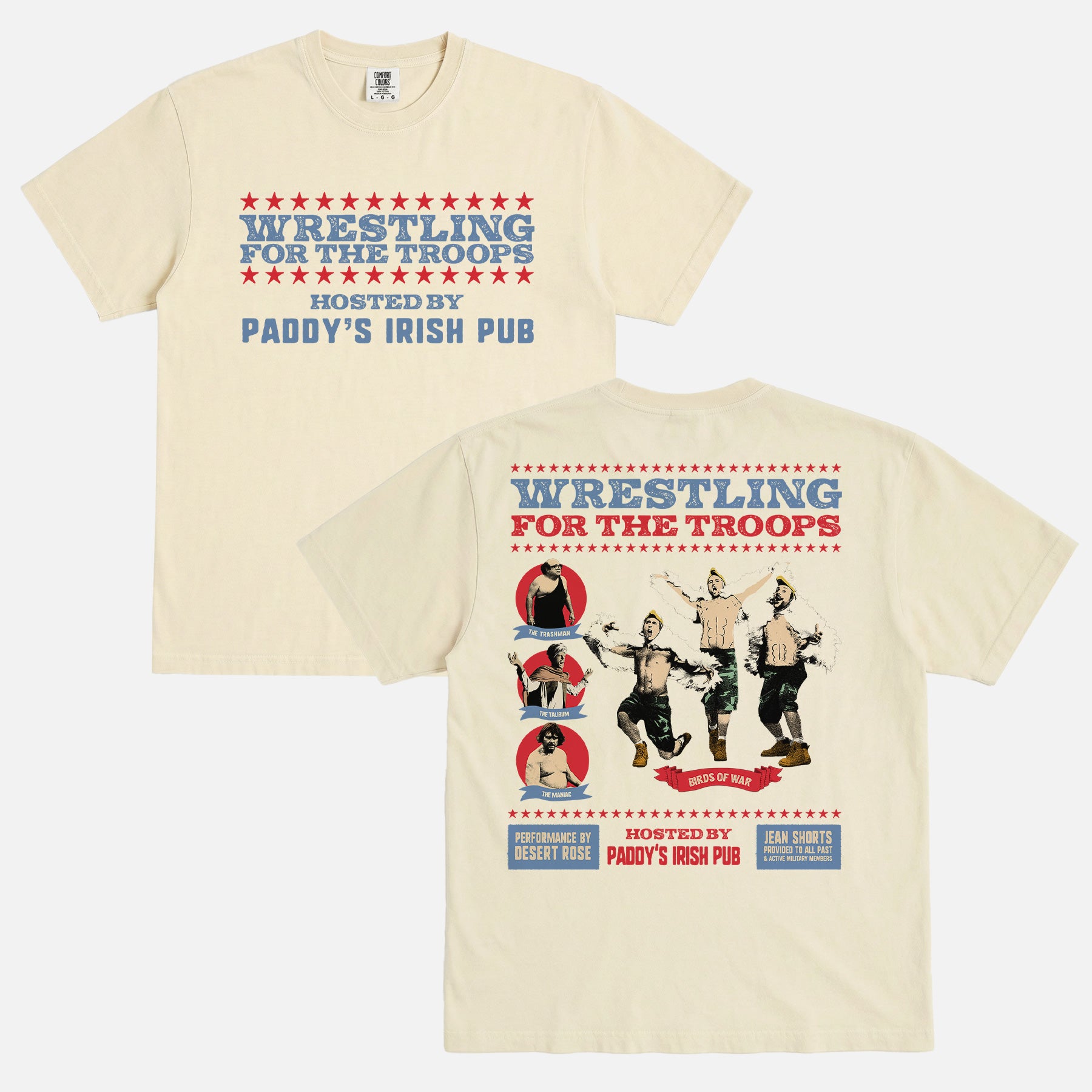 Its Always Sunny in Philadelphia wrestling graphic tee, funny retro the gang wrestles for the troops Paddy's Irish Pub promo t-shirt with The Maniac and the Trashman and the Birds of War