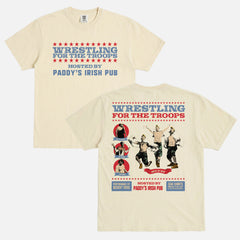 Its Always Sunny in Philadelphia wrestling graphic tee, funny retro the gang wrestles for the troops Paddy's Irish Pub promo t-shirt with The Maniac and the Trashman and the Birds of War