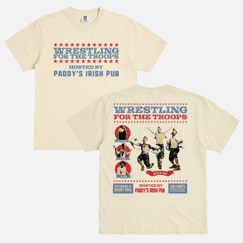 Its Always Sunny in Philadelphia wrestling graphic tee, funny retro the gang wrestles for the troops Paddy's Irish Pub promo t-shirt with The Maniac and the Trashman and the Birds of War