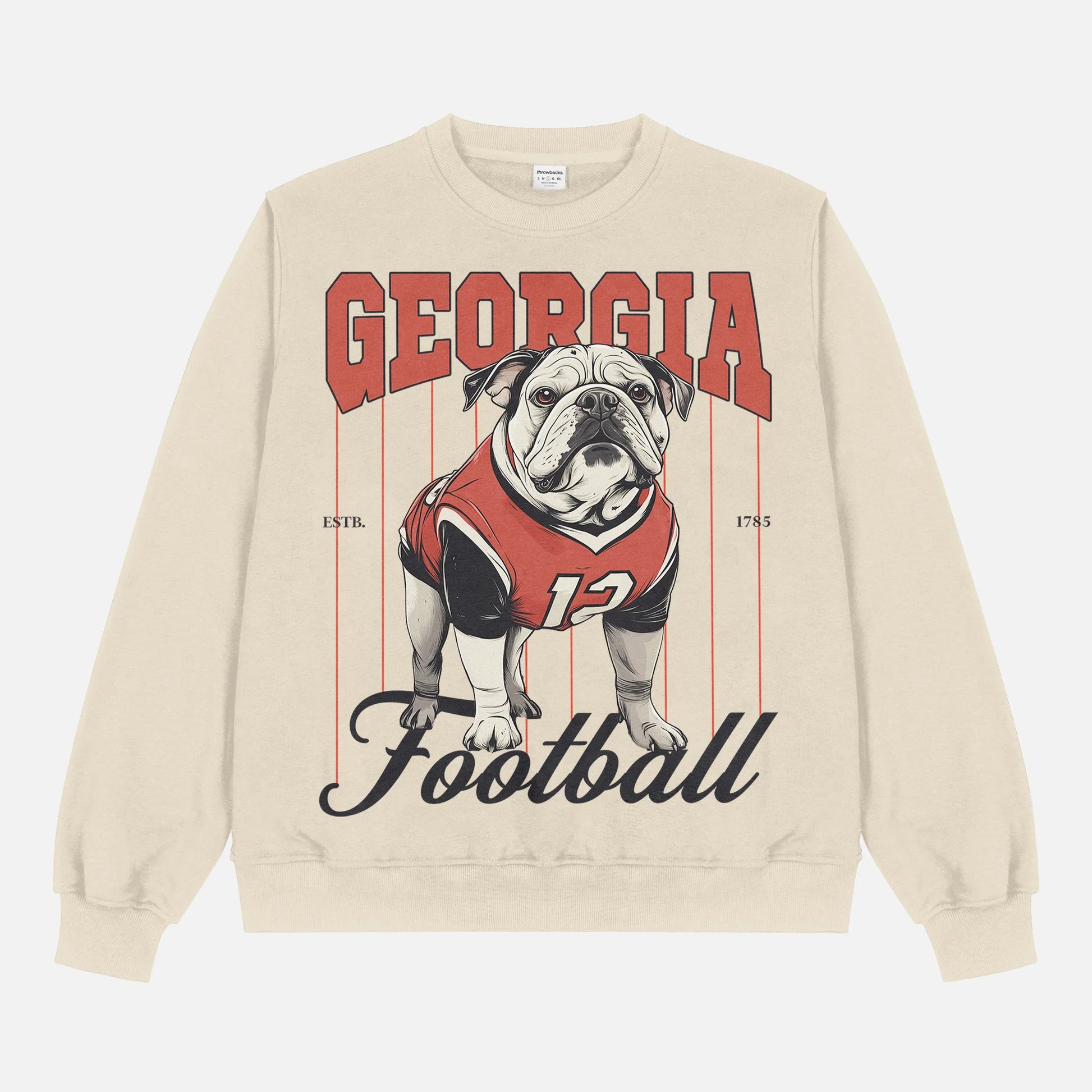 Retro Heavyweight Georgia bulldogs football sweatshirt, cute beige off white crewneck with black and red pinstripes and Bulldog mascot