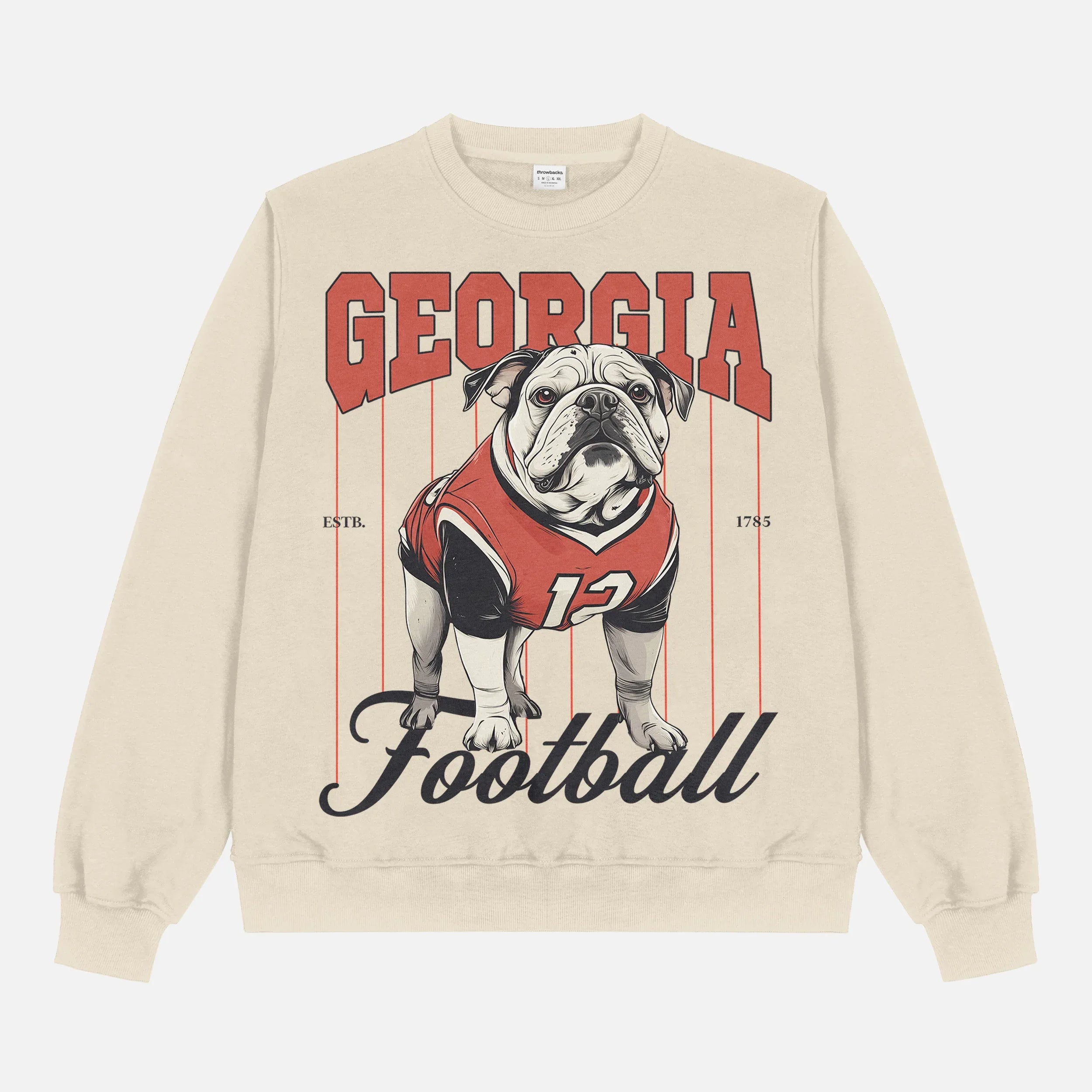 Retro Heavyweight Georgia bulldogs football sweatshirt, cute beige off white crewneck with black and red pinstripes and Bulldog mascot