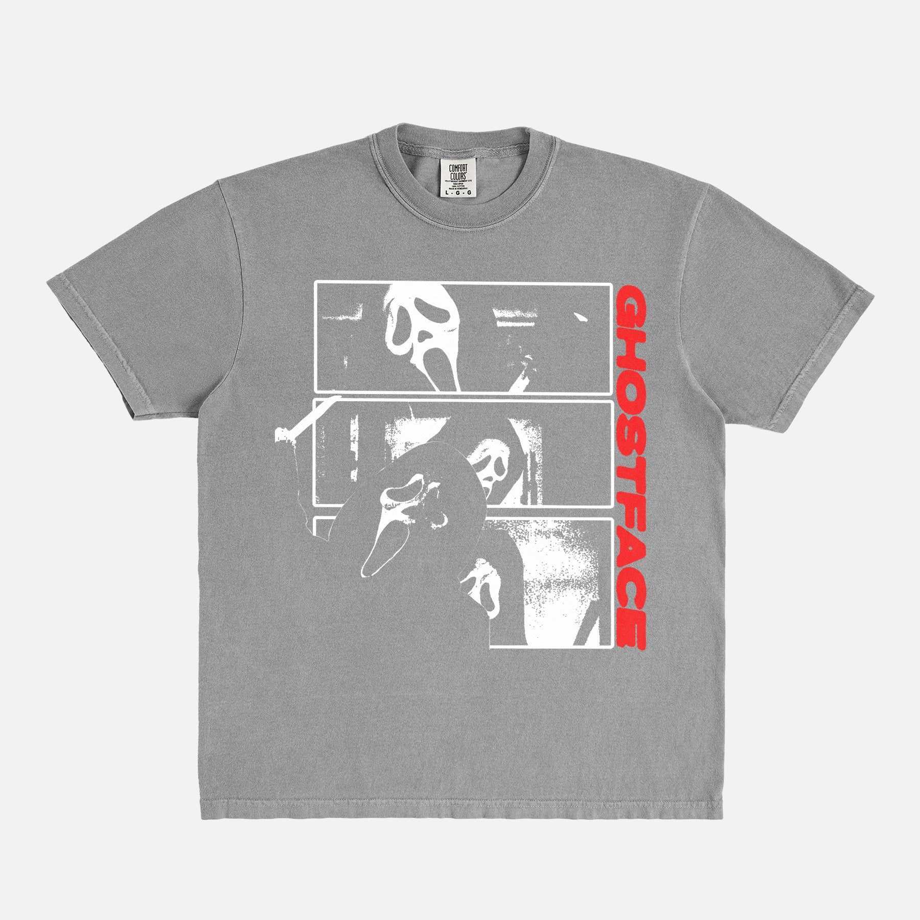 Distressed Scream Horror Movie Graphic T-shirt on heavyweight faded grey cotton with layered Ghostface scenes and relaxed unisex fit for 90s slasher fans
