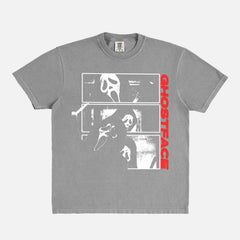 Distressed Scream Horror Movie Graphic T-shirt on heavyweight faded grey cotton with layered Ghostface scenes and relaxed unisex fit for 90s slasher fans