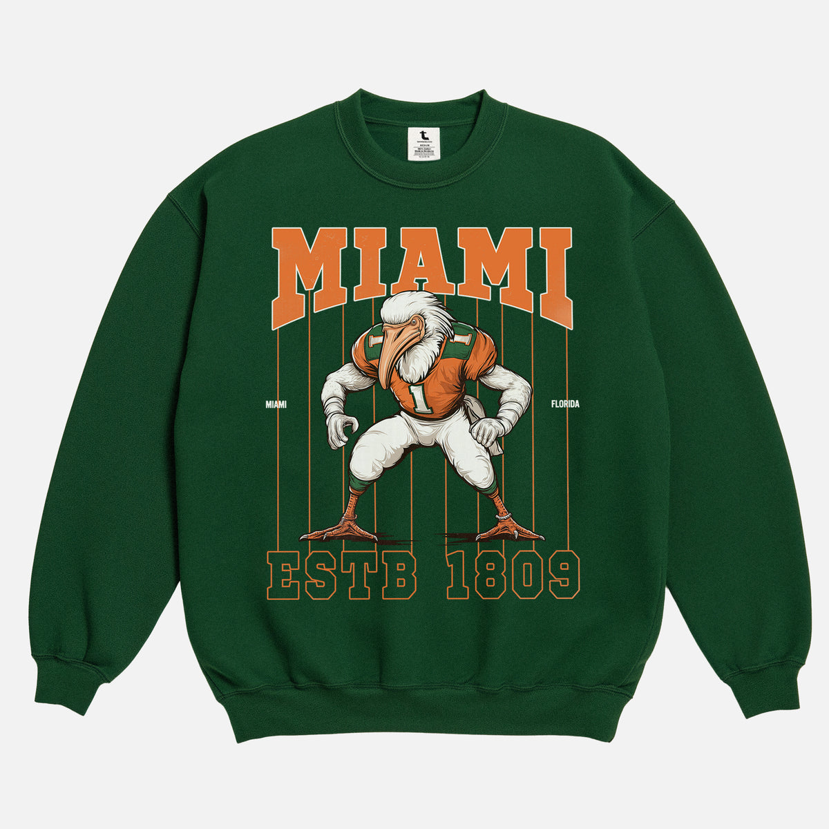 Cool old school Miami Hurricanes football sweatshirt, green heavyweight crewneck with vintage orange Seagull mascot and pinstripes