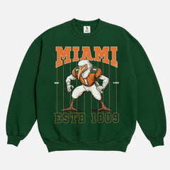 Cool old school Miami Hurricanes football sweatshirt, green heavyweight crewneck with vintage orange Seagull mascot and pinstripes