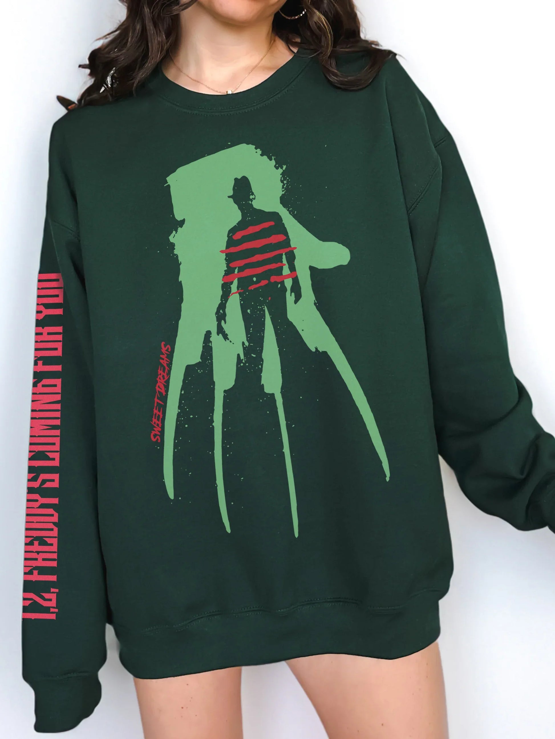 Freddy Krueger sweatshirt, retro 80s horror movie Nightmare on Elm Street crewneck sweater with sleeve text print 