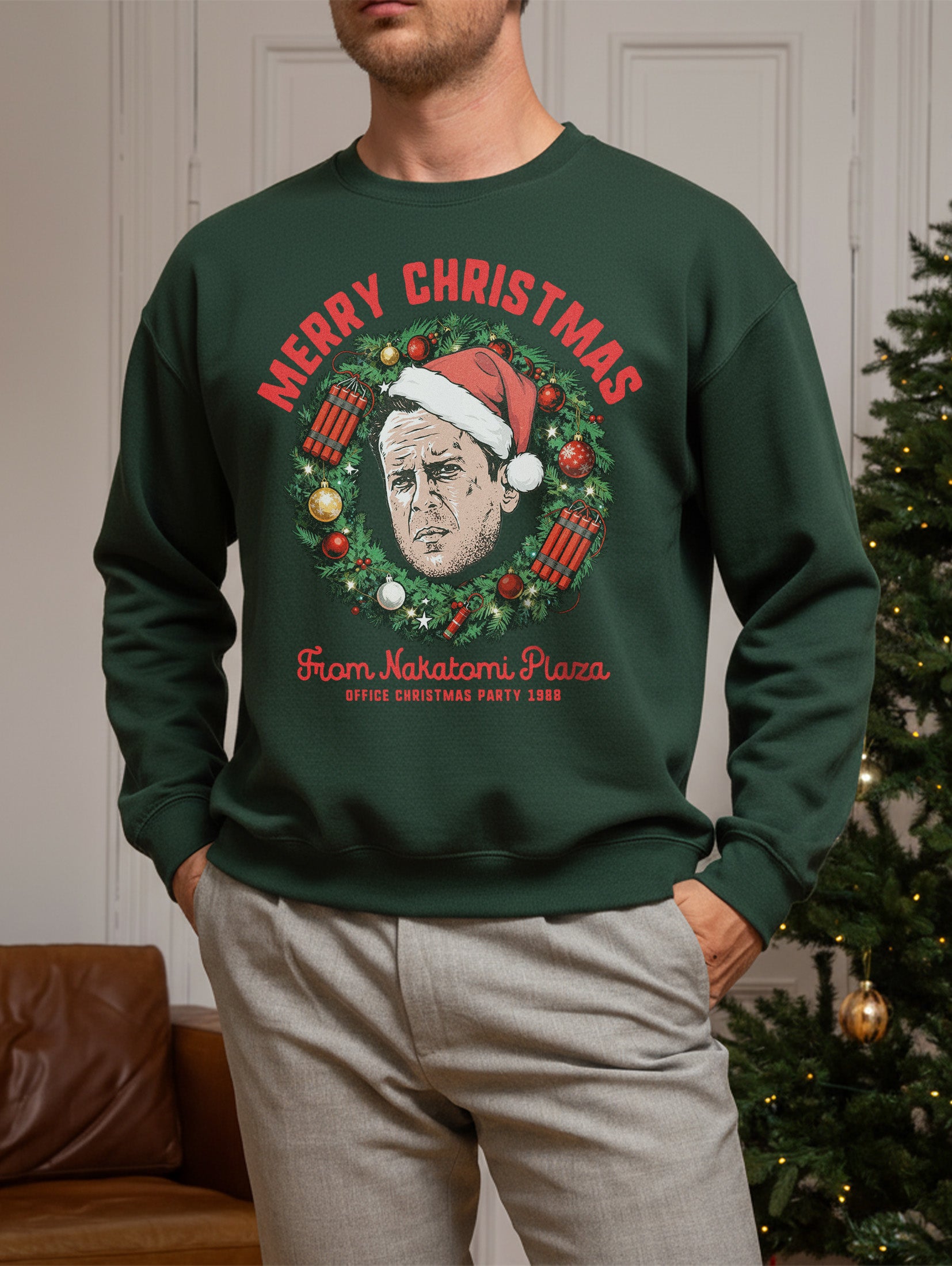 Funny Die Hard Christmas Movie sweatshirt, retro 80s John McClane NAkatomi plaza ugly xmas sweater in dark green at Throwbacks