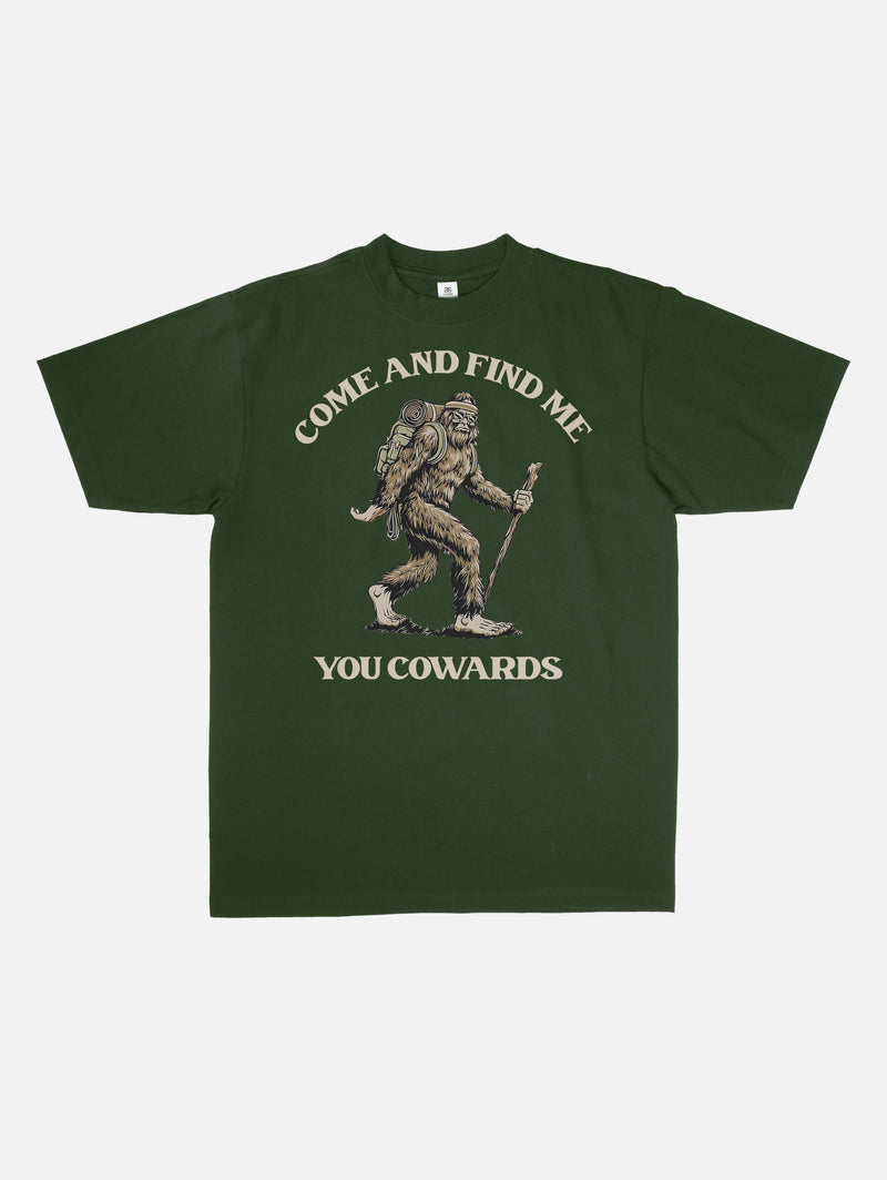 weird random big foot come find me you cowards graphic tee