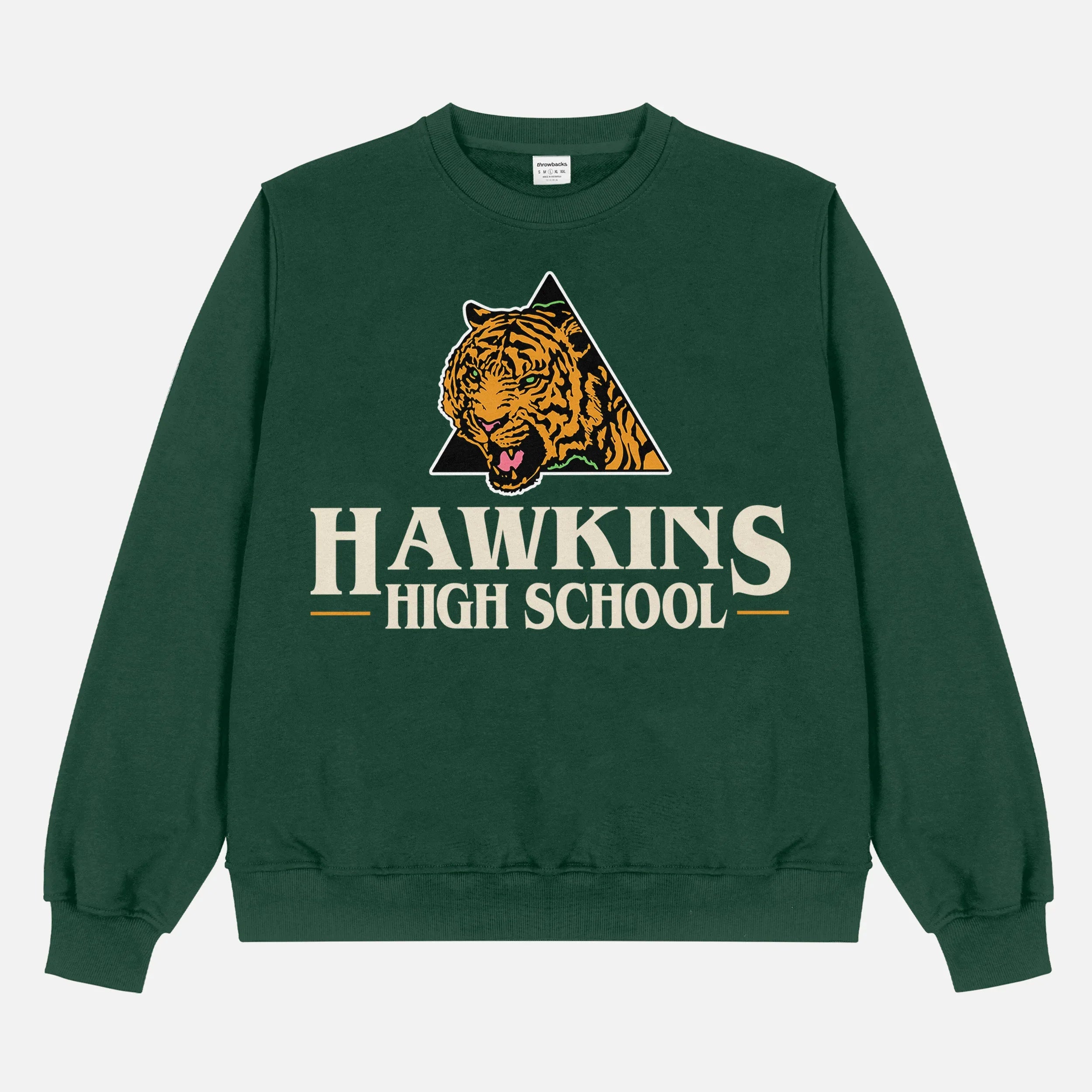 Retro green oversized Stranger Things Hawkins High School Tigers sweatshirt, retro basketball athletics Stranger Things crewneck apparel for sale at Throwbacks