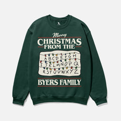 funny stranger things christmas sweatshirt, dark green Byers Family christmas lights ugly xmas sweater for sale