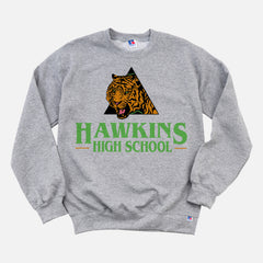 Retro grey Stranger Things Hawkins High School Tigers sweatshirt, retro basketball athletics Stranger Things crewneck apparel for sale at Throwbacks