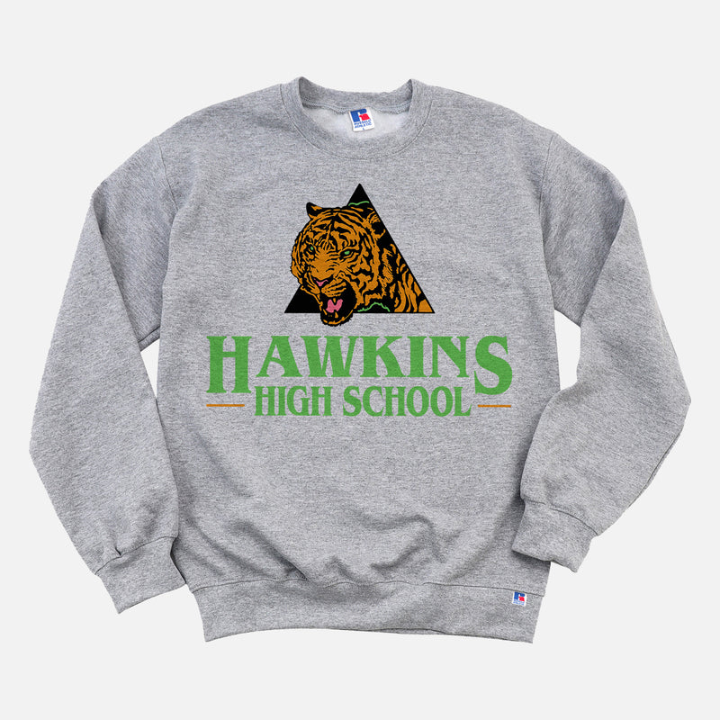 Retro grey Stranger Things Hawkins High School Tigers sweatshirt, retro basketball athletics Stranger Things crewneck apparel for sale at Throwbacks