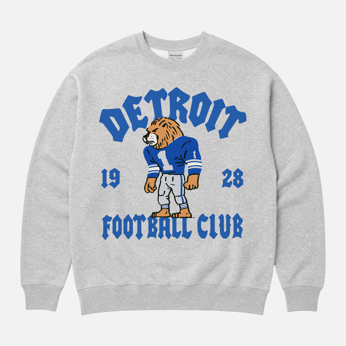 Vintage Detroit Lions football fan sweatshirt with old school mascot graphic and streetwear font on a unisex premium cotton crewneck