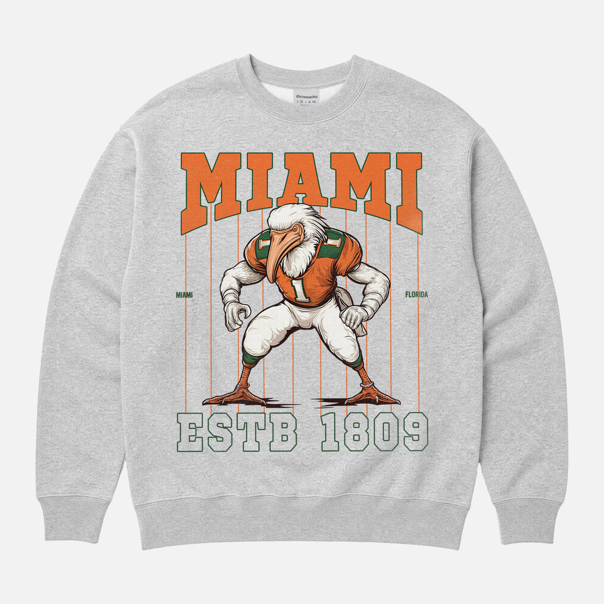 Cool old school Miami Hurricanes football sweatshirt, grey heavyweight crewneck with vintage orange Seagull mascot and pinstripes