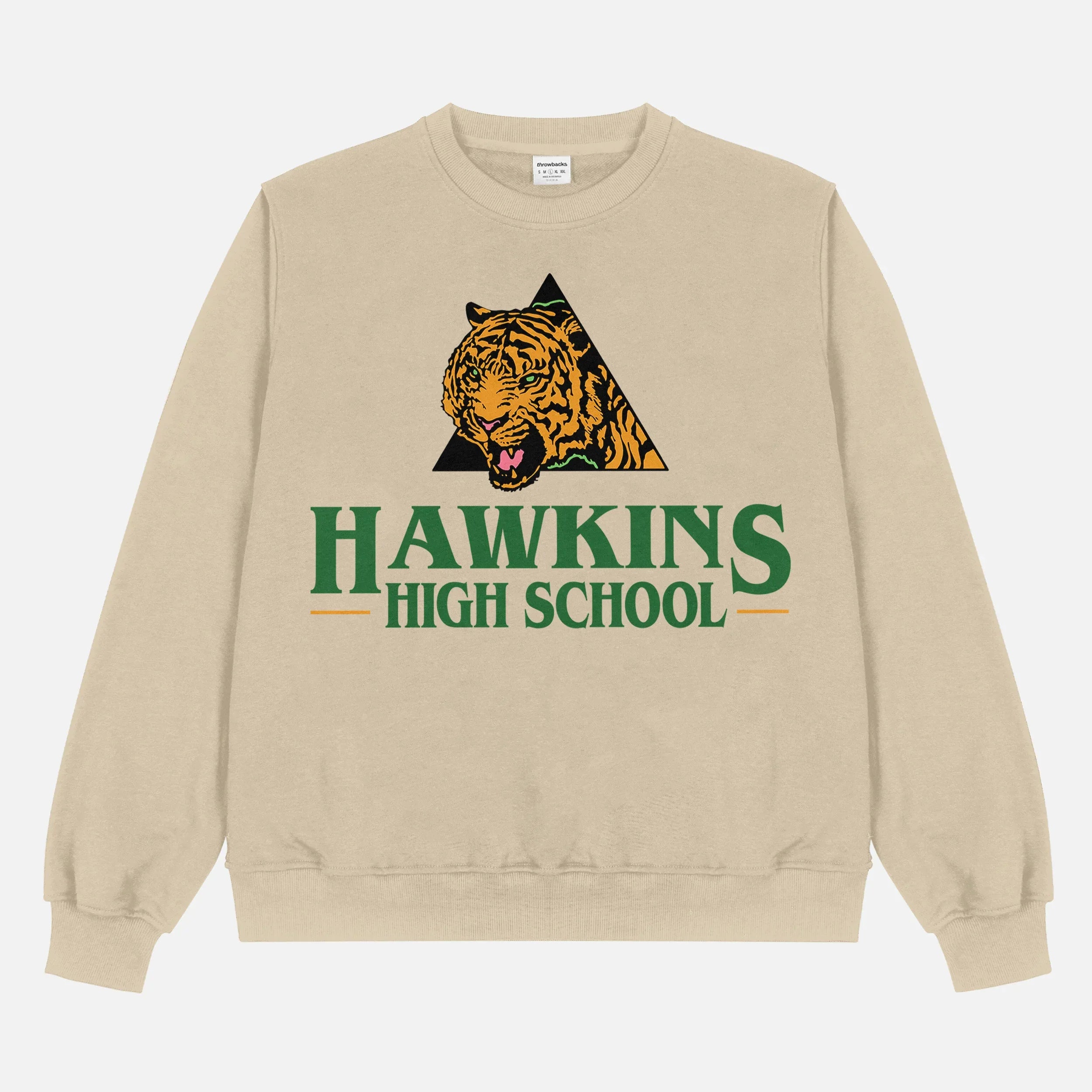 Retro beige oversized Stranger Things Hawkins High School Tigers sweatshirt, retro basketball athletics Stranger Things crewneck apparel for sale at Throwbacks
