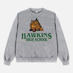 Retro grey oversized Stranger Things Hawkins High School Tigers sweatshirt, retro basketball athletics Stranger Things crewneck apparel for sale at Throwbacks