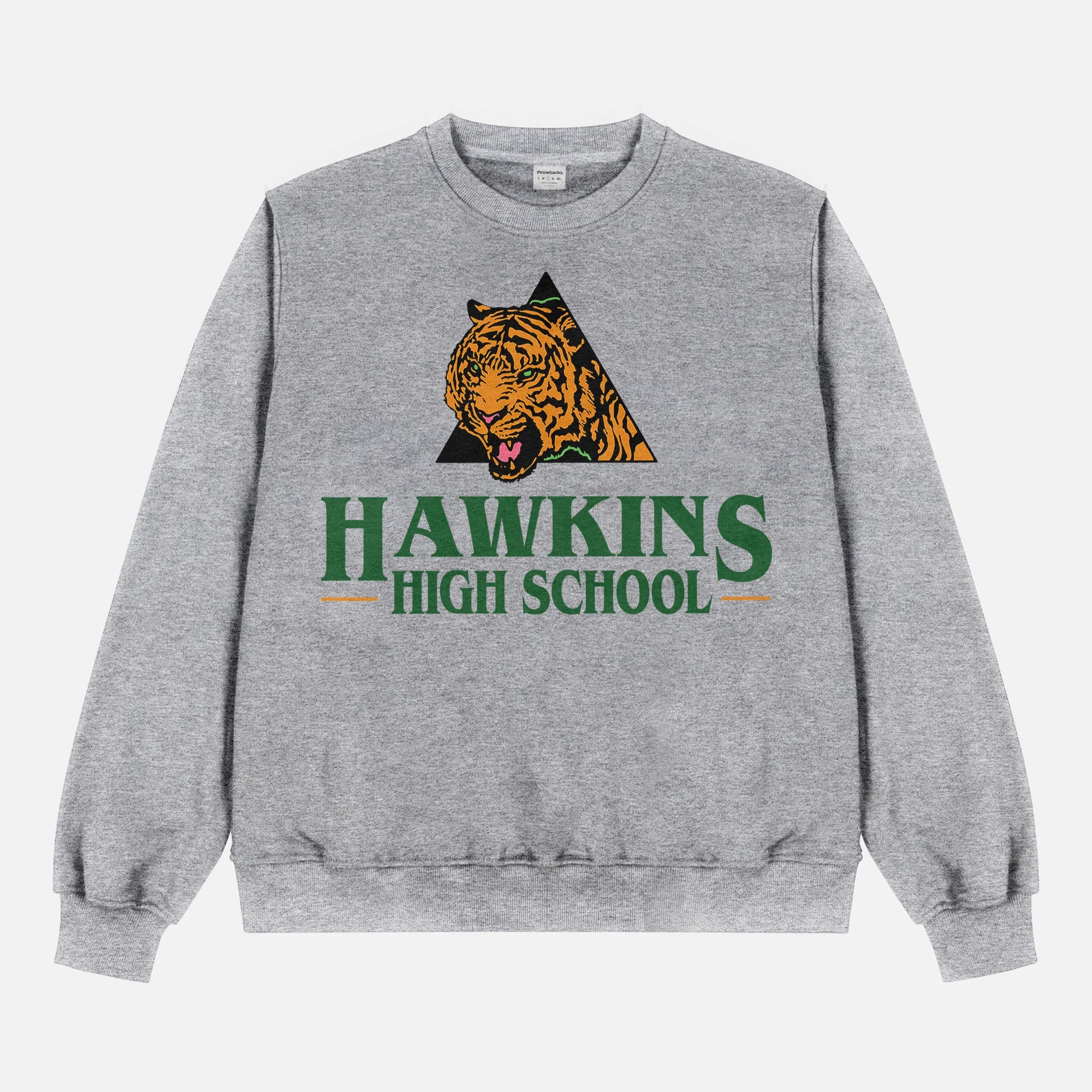 Retro grey oversized Stranger Things Hawkins High School Tigers sweatshirt, retro basketball athletics Stranger Things crewneck apparel for sale at Throwbacks